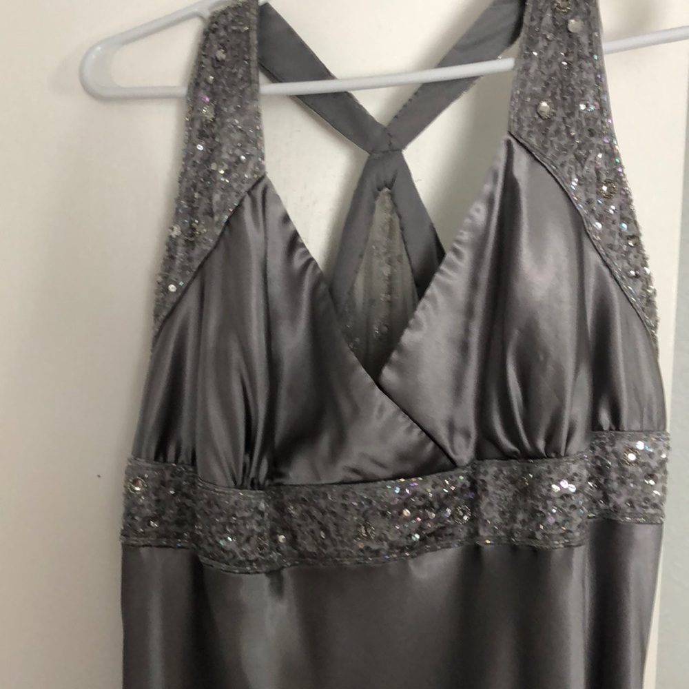 Silver gown with sheer back and jeweled detail